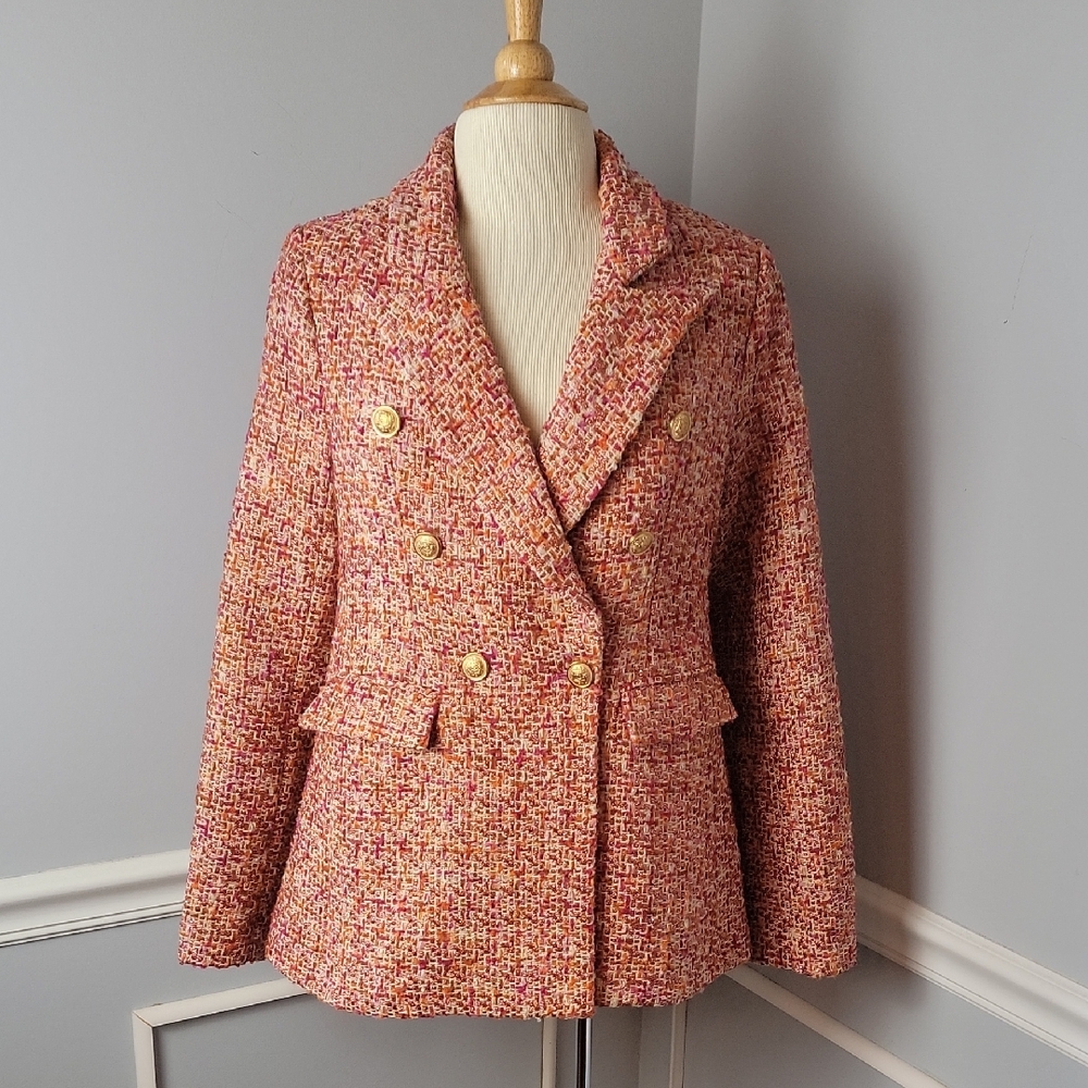 FATE Pink Orange Metallic Thread Double Breasted Sparkle Tweed Lady Blazer S‎